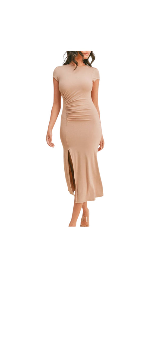 Short sleeve shirting slide slit midi dress