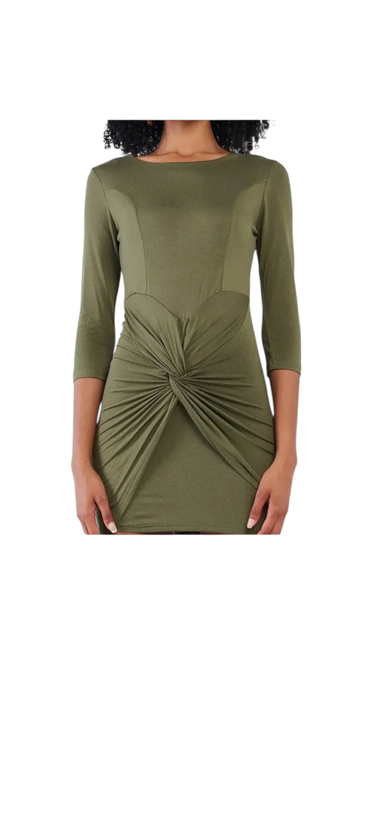 Olive Green 3/4 sleeve twisted front bodycon mini dress