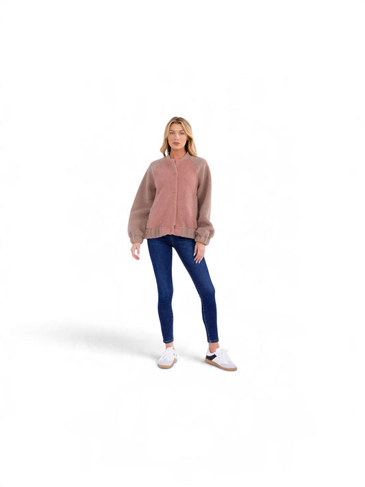 Women Long sleeve Button Closure Front Pockets Colorblock Sherpa Jacket