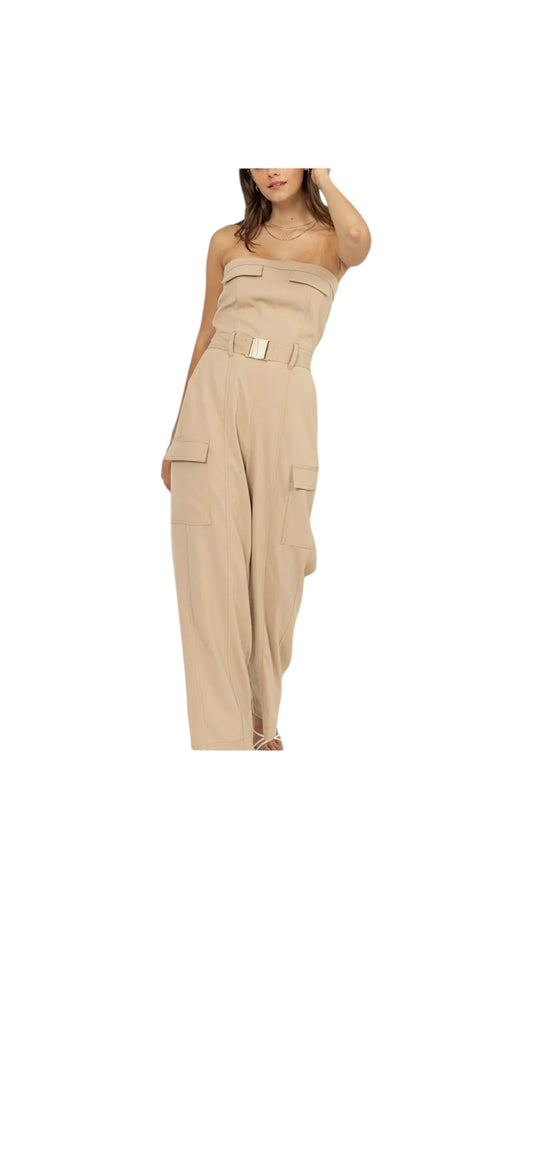 Pocket belted strapless camel beige cargo utility jumpsuit